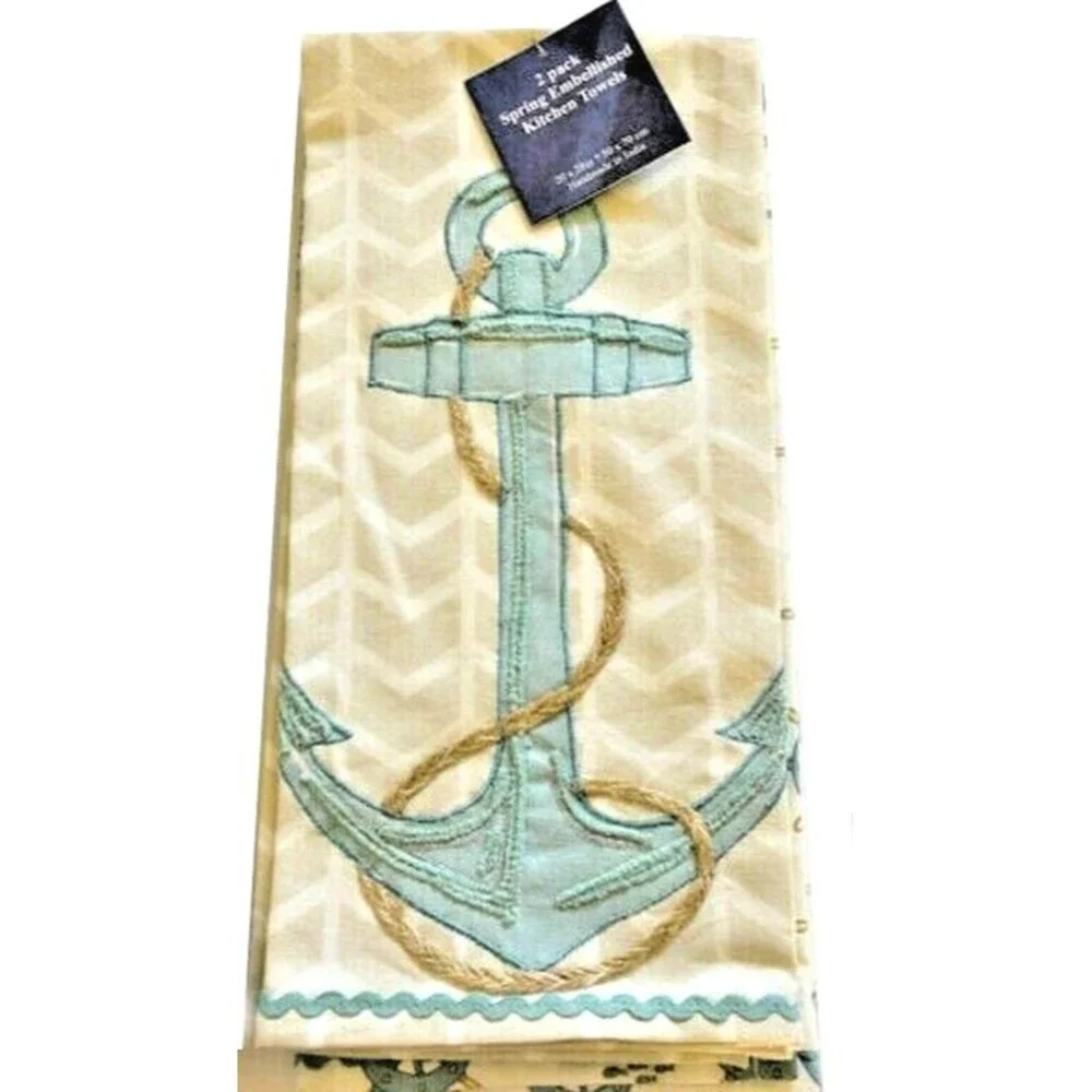 Nautical Kitchen Dish Towels Embroidered Decorative Anchors 100% Cotton Set of 2